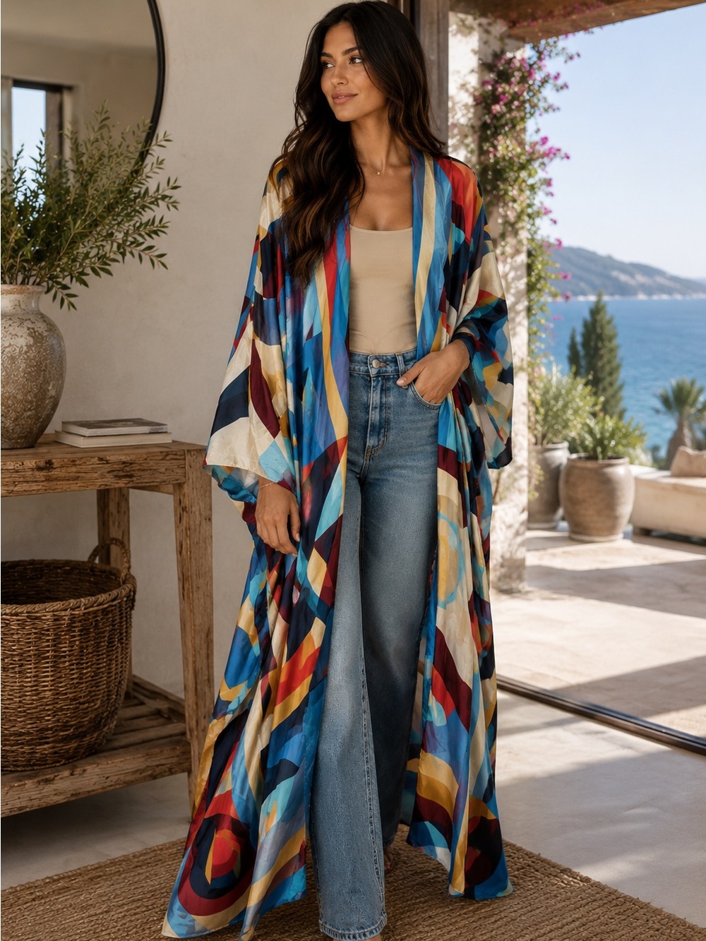 Multi-Color Abstract Print Maxi Swim Cover-Up Kimono